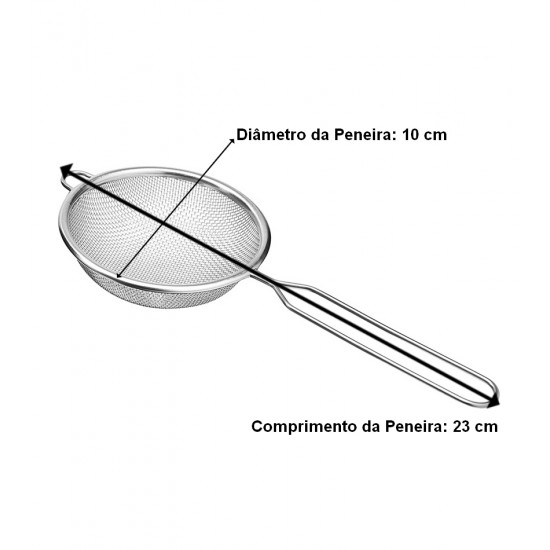 Peneira 10cm Diâmetro Por 23cm Comprimento Coar Polvilhar em Aço Inox
